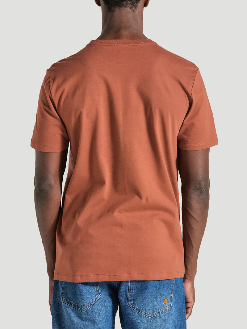 Homem veste camiseta marrom estampa frontal manga curta, lisa na parte traseira e combinada com calça jeans azul, formando um estilo casual e simples.