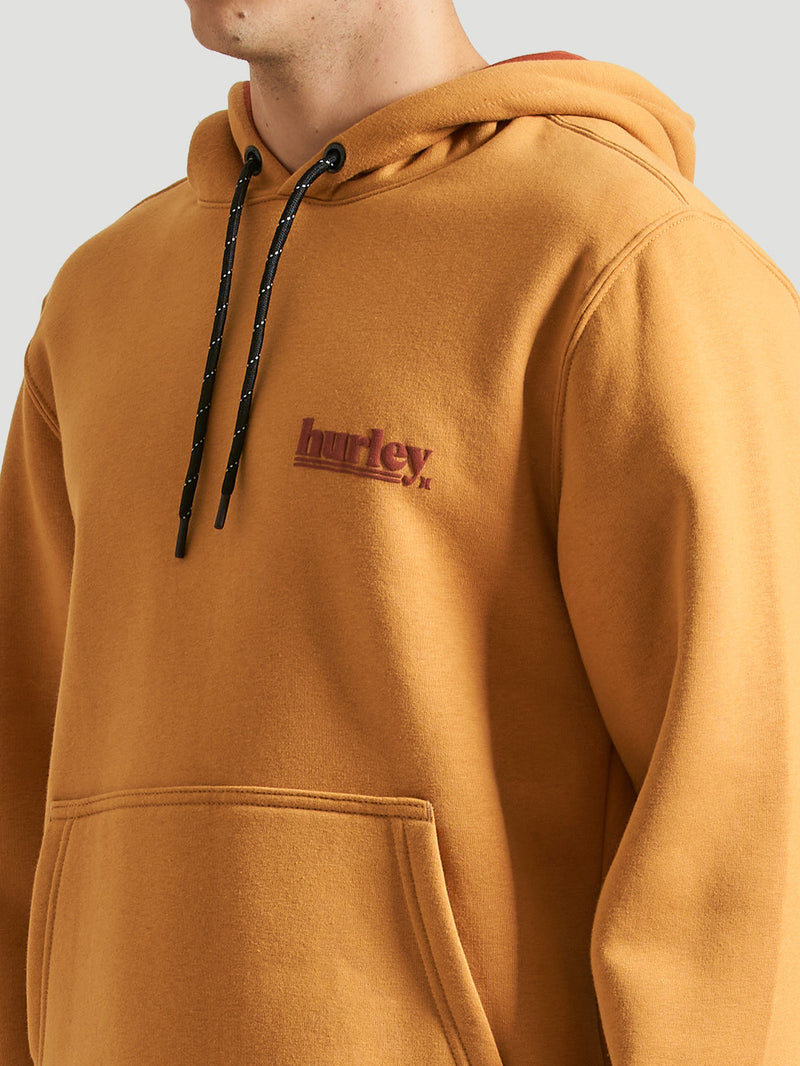 Moletom canguru amarelo mostarda com capuz ajustável por cordão preto, bolso frontal e logo "Hurley" em relevo no peito.