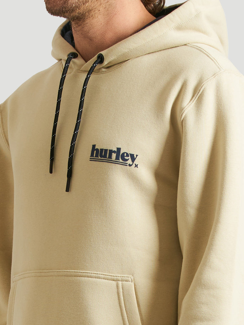 Moletom canguru areia com capuz, possui bolso frontal e logo "Hurley" destacado em azul no peito.