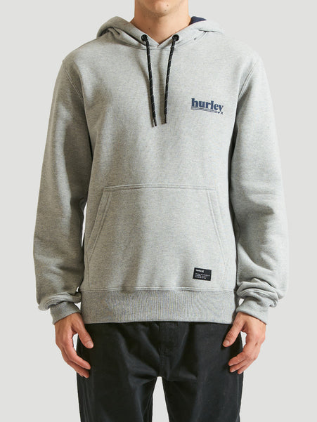 Moletom canguru cinza com capuz ajustável por cordão preto, bolso frontal e logo estampado no lado esquerdo do peito. Ideal para o dia a dia.