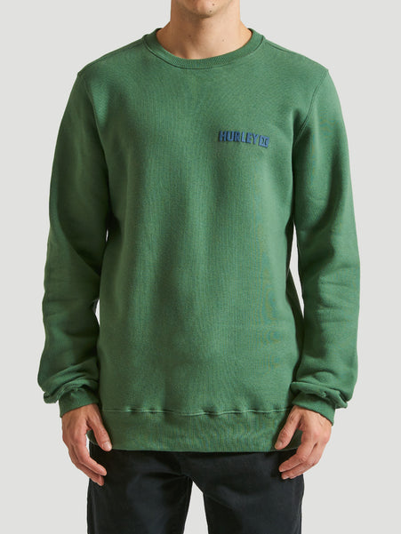 Moletom careca verde da Hurley, com gola redonda e logo azul discreto no peito. Modelo confortável e versátil, ideal para um visual casual e despojado.