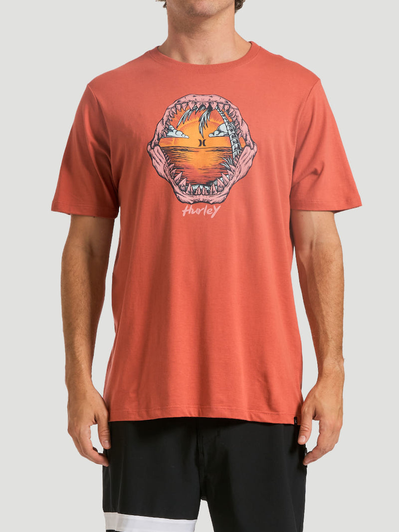 Homem usando camiseta estampada algodão marrom com desenho frontal mostrando mandíbulas abertas envolvendo um pôr do sol. Fundo neutro.