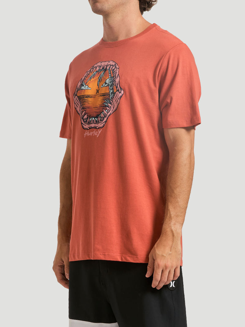 Homem usando camiseta estampada algodão marrom com ilustração frontal de mandíbulas abertas envolvendo um pôr do sol, combinada com bermuda preta. Fundo neutro.