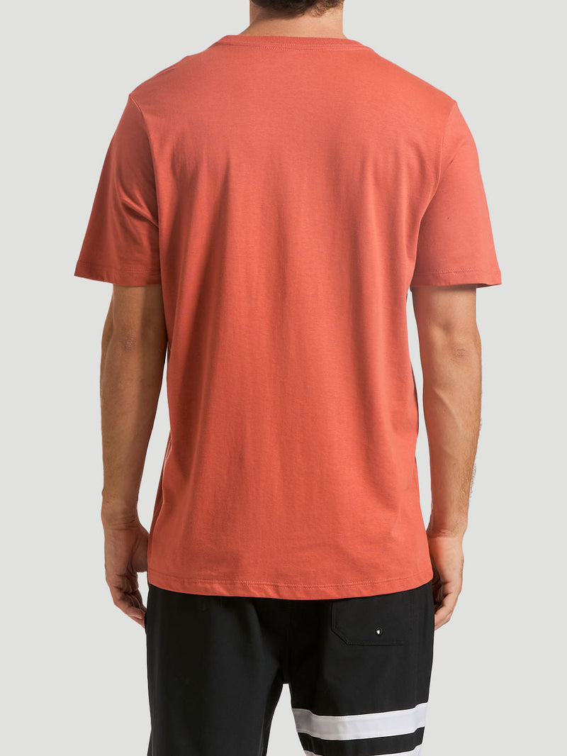Camiseta estampada algodão marrom vista de costas, combinada com shorts preto com detalhes brancos. Fundo claro e neutro.