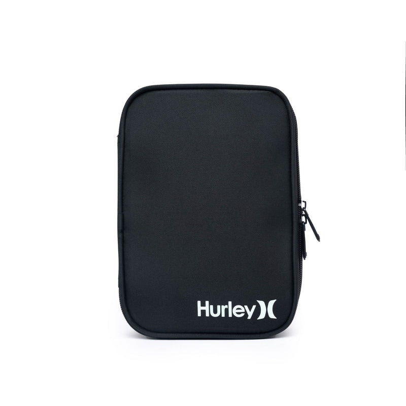 Estojo preto escolar Hurley com logotipo branco, design retangular e fecho em zíper duplo, ideal para organização de materiais escolares.