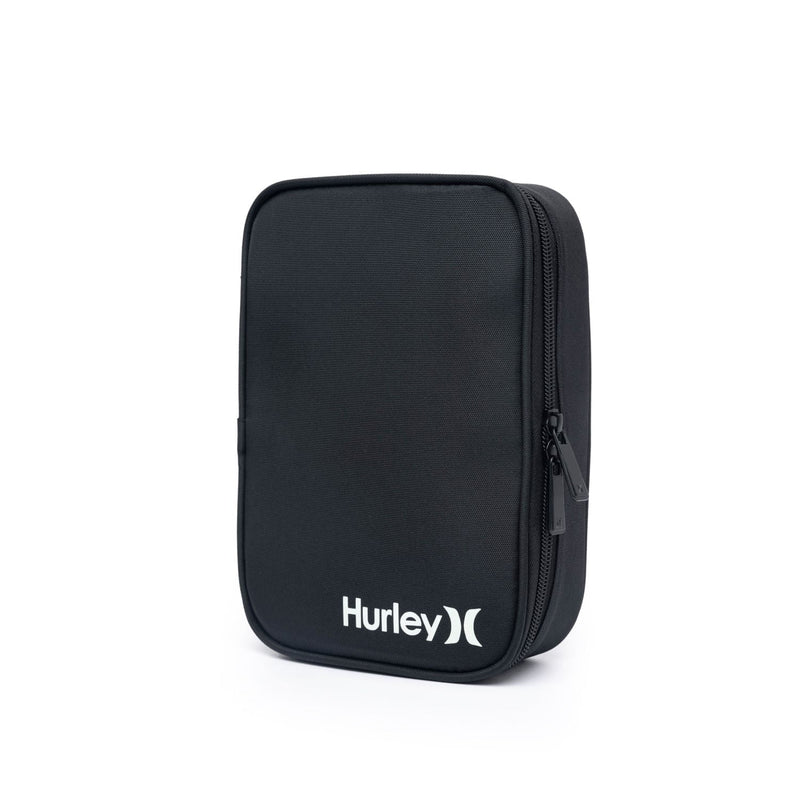 Estojo preto escolar Hurley com design retangular, zíper resistente e logo branco discreto na base, ideal para organizar materiais.