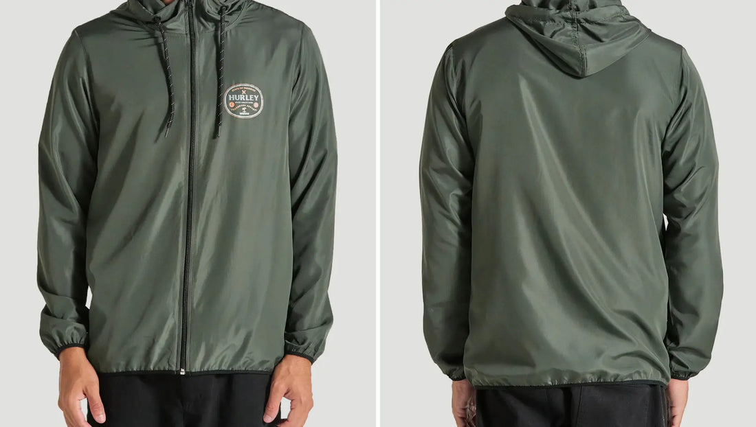 Imagens lado a lado de parte da frente e parte de trás, respectivamente, da jaqueta verde militar Hurley Bottle.