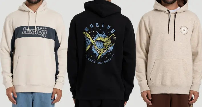 Imagem de três modelos contra fundo neutro vestindo moletons da Hurley.