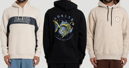Imagem de três modelos contra fundo neutro vestindo moletons da Hurley.