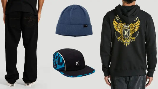 Conjunto de roupas Hurley com boné five panel preto e azul, hoodie com estampa de águia, calça jeans larga e gorro azul, ideal para moda streetwear.