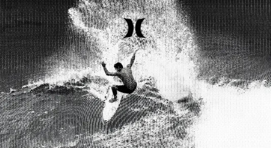 Imagem de gomem surfando e logo Hurley no centro.