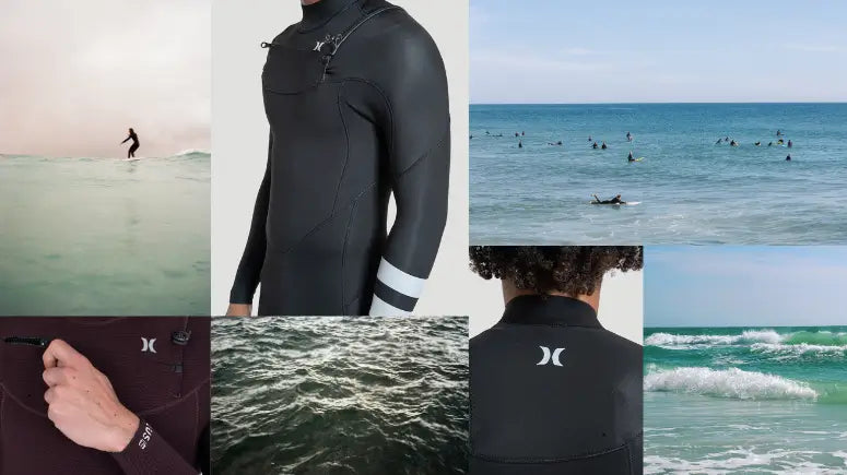 Conjunto de roupas de neoprene para surfista na praia, incluindo long john e lycra, com imagens também do mar cheio de surfistas. Peças ideais para a prática de surf, bodysurf e esportes aquáticos.