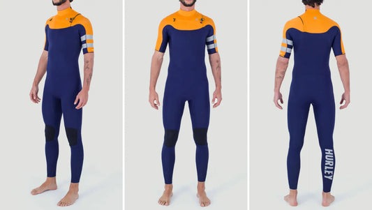 Três fotos lado lado de modelo vestindo long john Hurley Advant 2/2mm nas cores azul e amarelo.