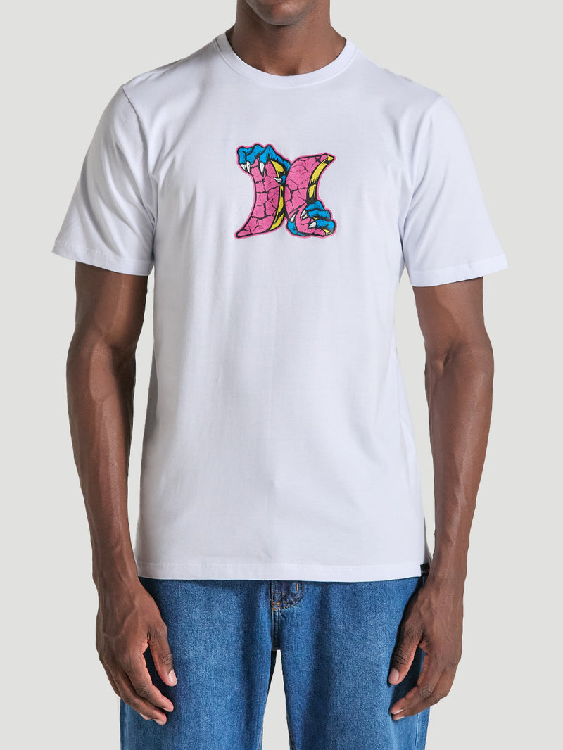 Camiseta Branca com Estampa Frontal Manga Curta Hurley Monster