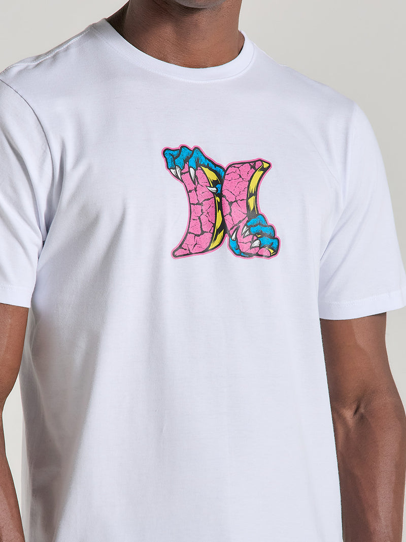Camiseta Branca com Estampa Frontal Manga Curta Hurley Monster