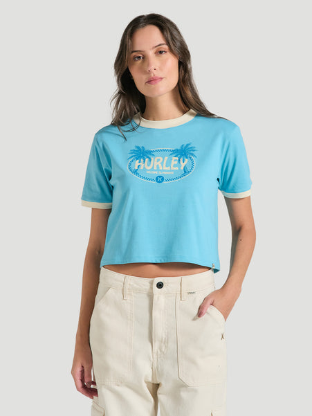 Camiseta Cropped Azul Manga Curta Hurley Palm
