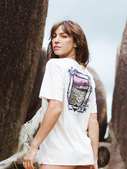 Camiseta de Algodão Feminina Off White Manga Curta Hurley Wave Frame