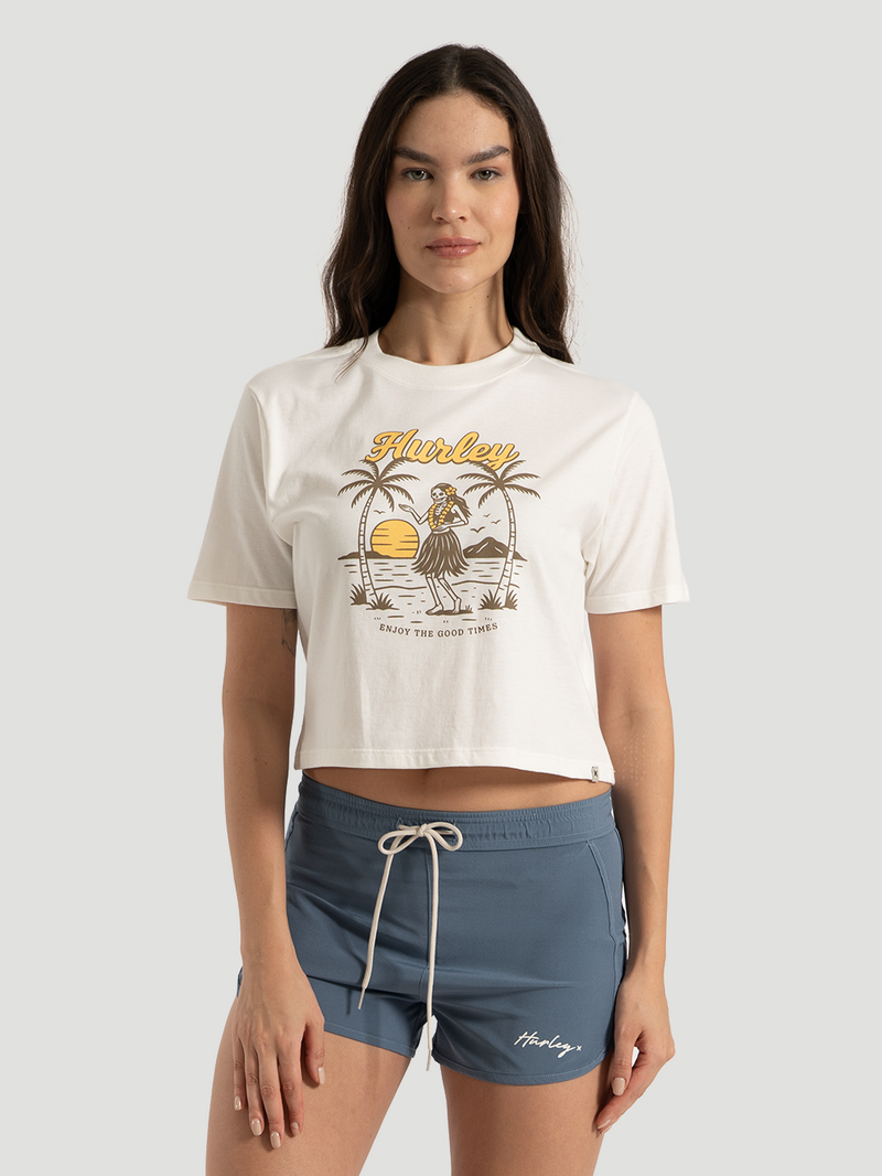 Camiseta Cropped Feminina Hurley Hawaii Skull Off White