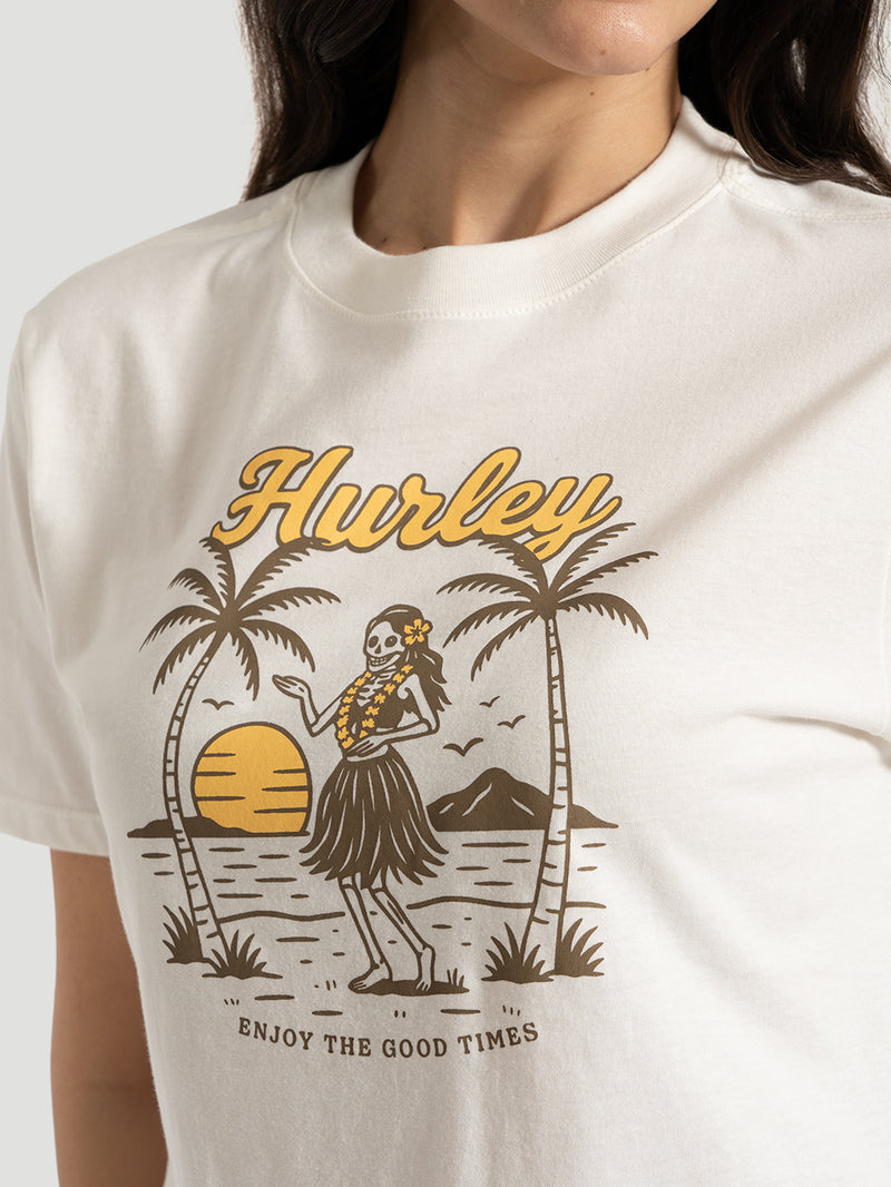 Camiseta Cropped Feminina Hurley Hawaii Skull Off White