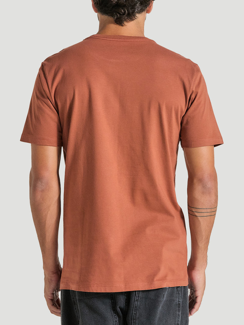 Homem vestindo camiseta em algodão marrom com mangas curtas e design liso, vista de costas. A peça tem um corte básico e combina com calças casuais.