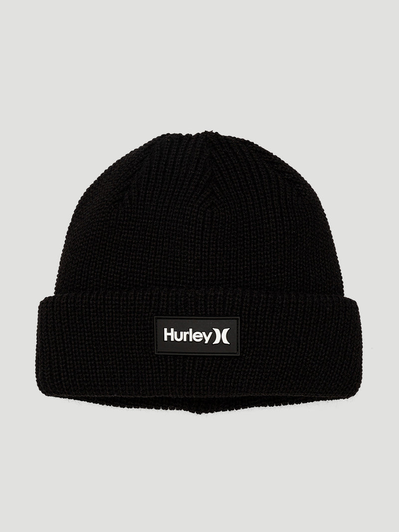 Gorro preto Hurley Stive com tecido tricotado e dobra ajustável. Possui logo frontal em etiqueta aplicada, ideal para estilo casual e dias frios.