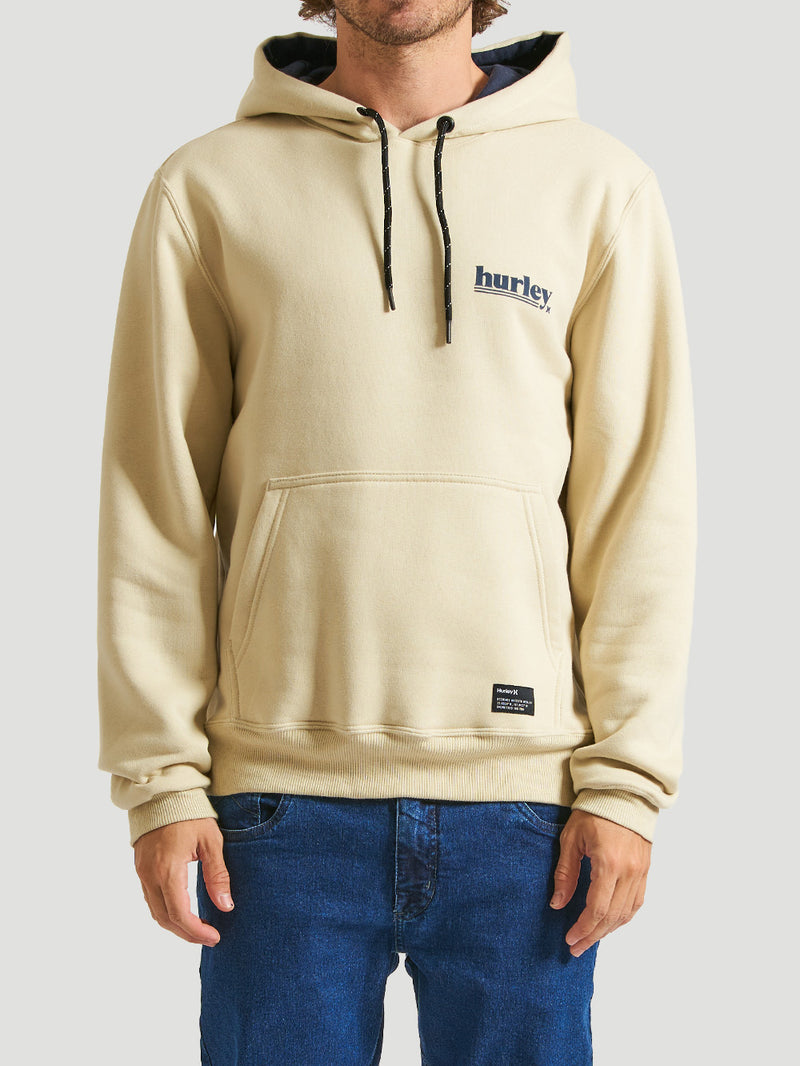Moletom canguru areia com capuz, é ajustável por cordão preto e possui bolso frontal. Estampa "Hurley" em azul e etiqueta na barra.