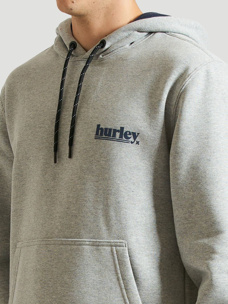 Moletom canguru cinza com capuz ajustável e cordão preto. Possui bolso frontal e logo "Hurley" estampado na altura do peito.