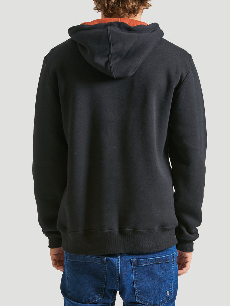 Vista traseira do moletom canguru preto da Hurley, com capuz ajustável e modelagem reta. Peça confortável e versátil para compor um look casual moderno.