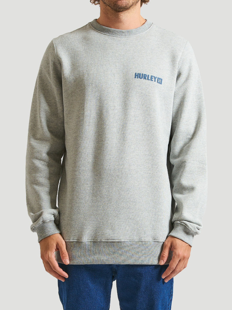 Moletom careca cinza da Hurley, com gola redonda e logo azul discreto no peito. Modelo confortável e versátil, ideal para um look casual moderno.