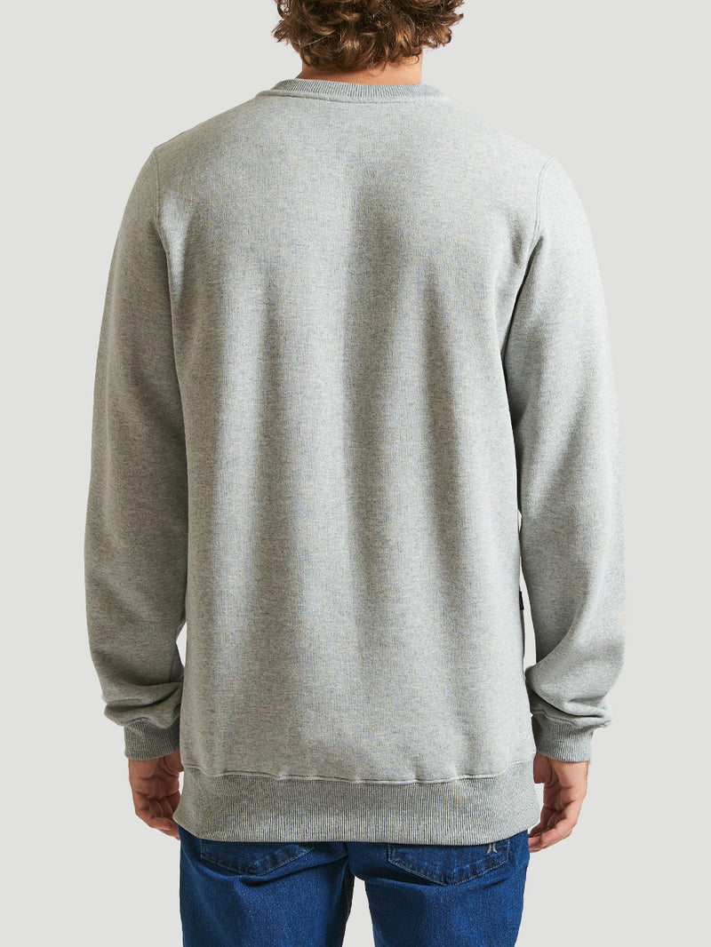 Vista traseira do moletom careca cinza da Hurley, com modelagem reta e acabamento canelado na barra e punhos. Conforto e estilo para um visual casual moderno.
