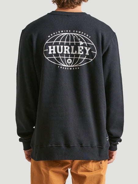 Moletom careca preto, estampado nas costas com logotipo Hurley em branco e design de globo. Tecido confortável, ideal para clima frio e estilo casual.