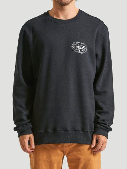 Moletom careca preto, com estampa branca no lado esquerdo do peito trazendo a marca Hurley e um globo. Tecido confortável e modelagem casual.