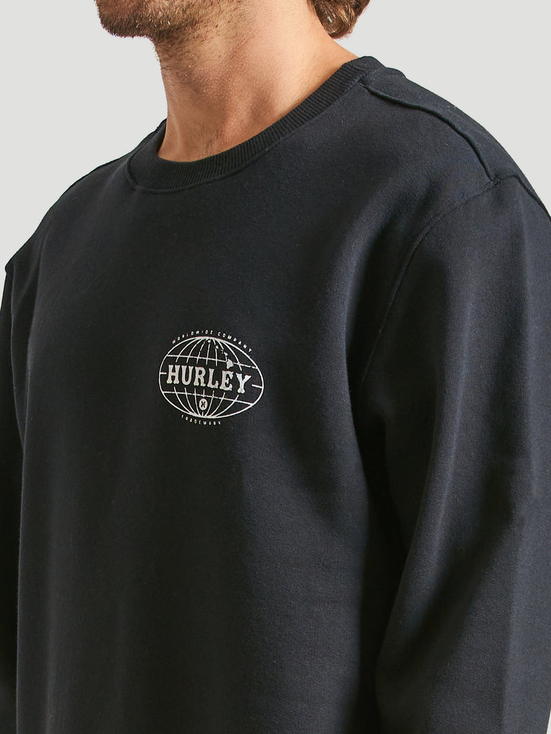 Moletom careca preto com estampa branca no lado esquerdo do peito, exibindo o logotipo Hurley e um globo. Tecido macio e estilo casual.