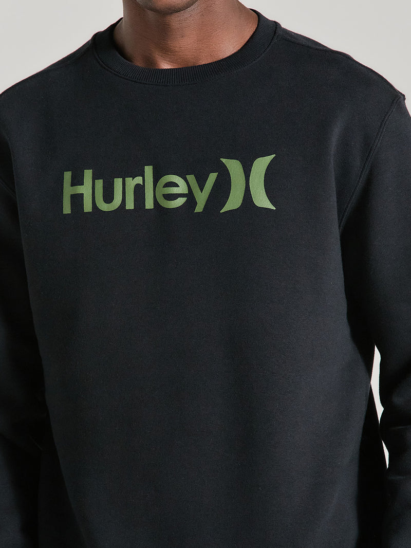 Close de moletom careca preto felpado Hurley, com logo verde centralizado no peito, tecido macio e acabamento em gola canelada.