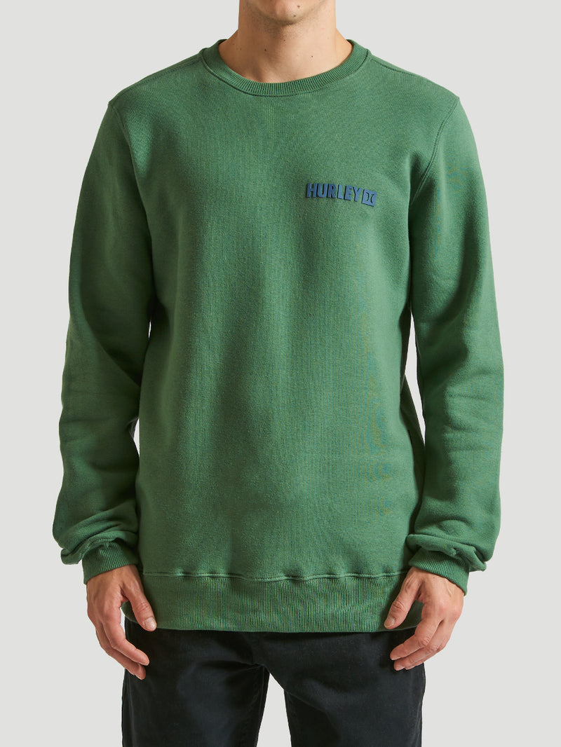 Moletom careca verde da Hurley, com gola redonda e logo azul discreto no peito. Modelo confortável e versátil, ideal para um visual casual e despojado.