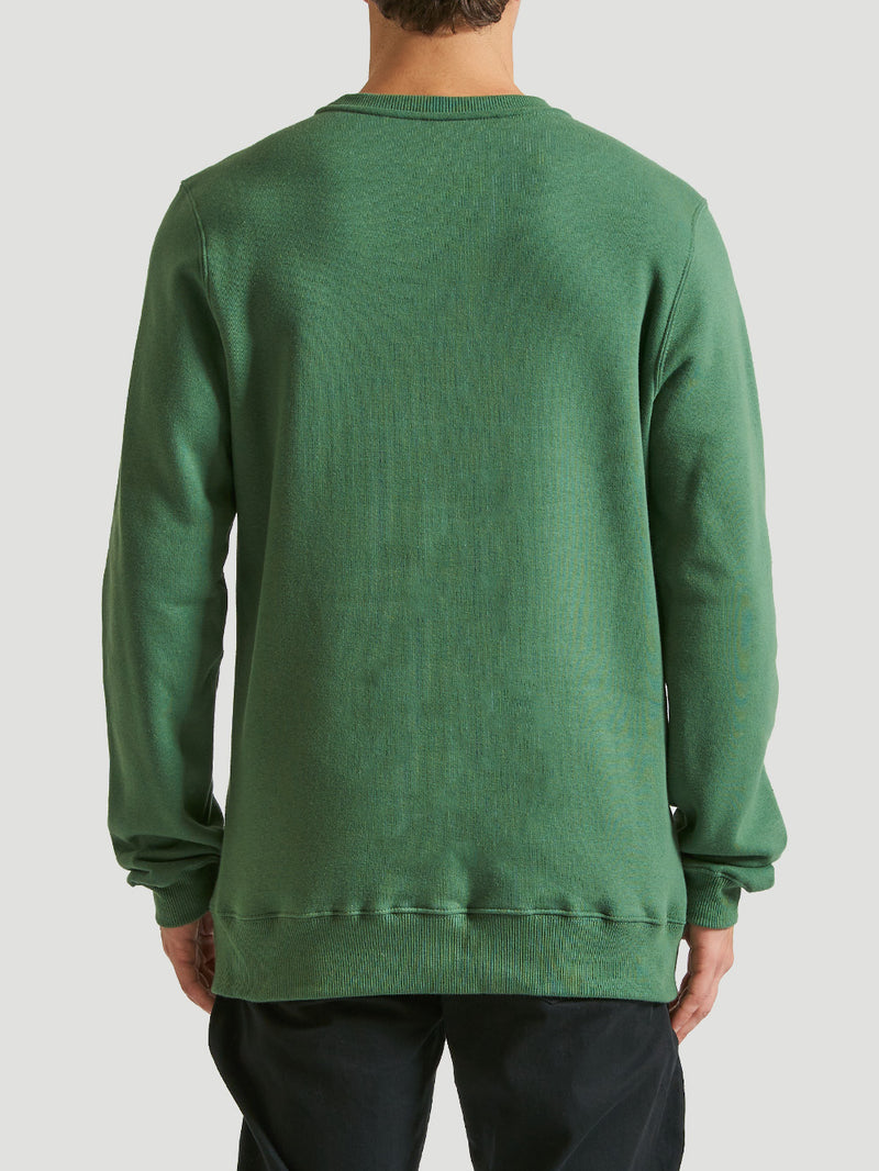 Vista traseira do moletom careca verde da Hurley, com modelagem reta e acabamento canelado na barra e punhos. Conforto e estilo para um look casual moderno.