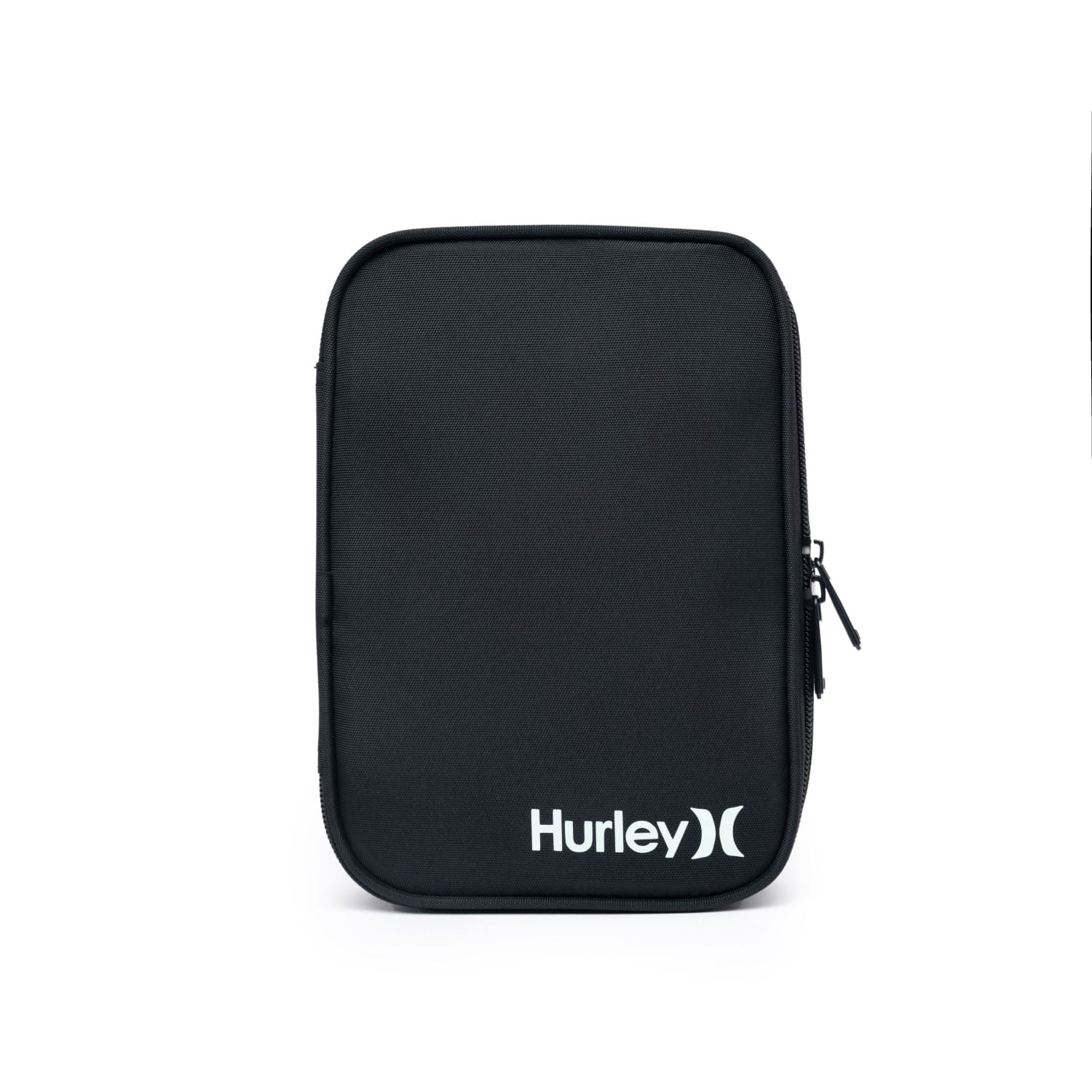 Estojo preto escolar Hurley com logotipo branco, design retangular e fecho em zíper duplo, ideal para organização de materiais escolares.