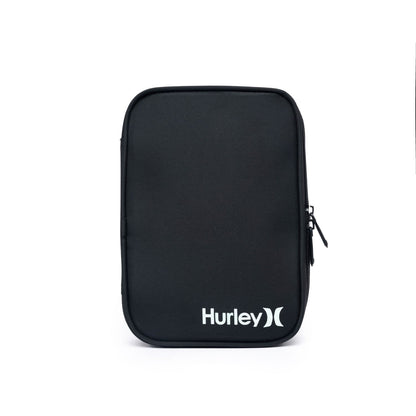 Estojo preto escolar Hurley com logotipo branco, design retangular e fecho em zíper duplo, ideal para organização de materiais escolares.