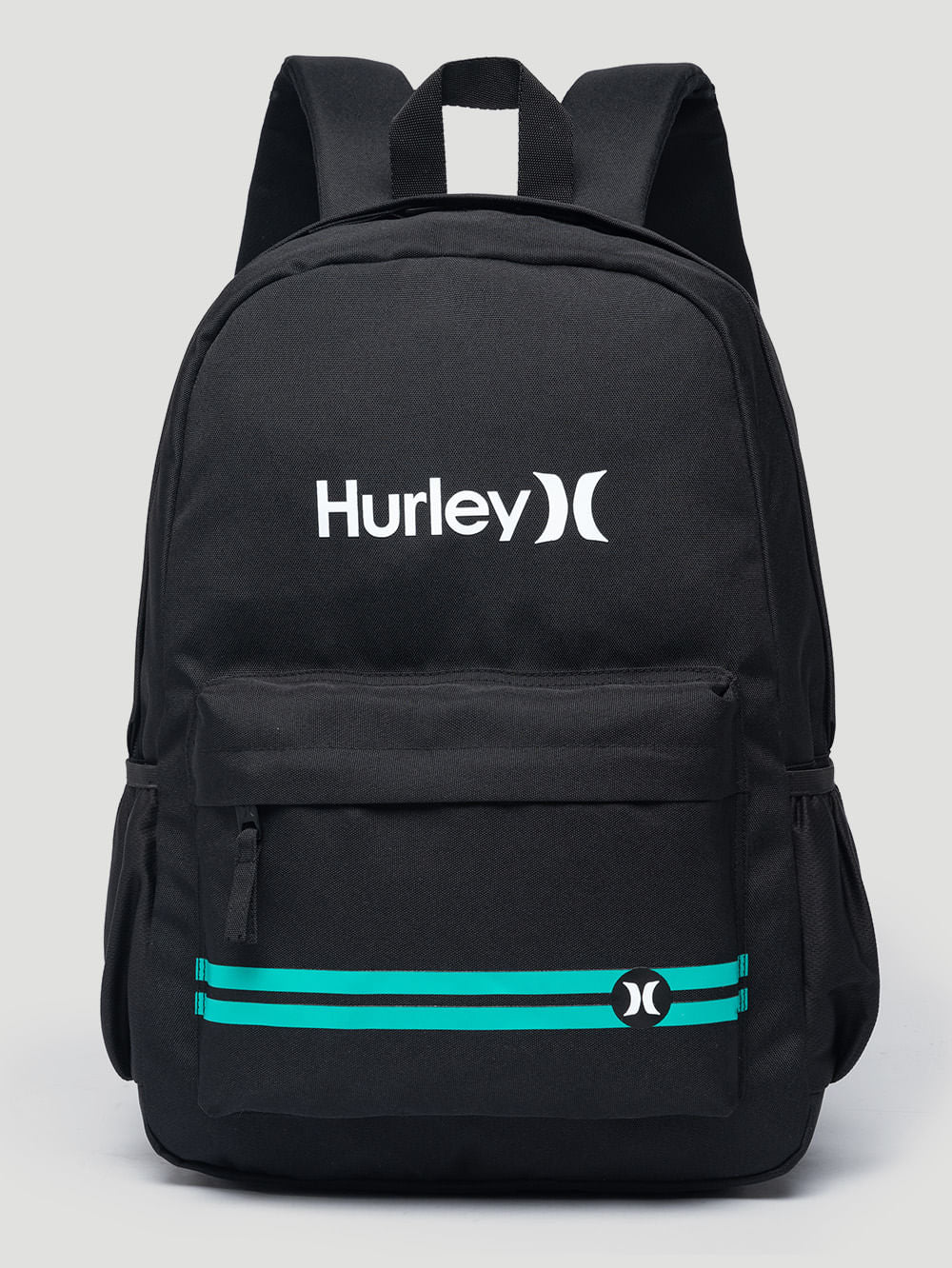 Mochila para notebook preta da Hurley, com logotipo em branco na parte superior, bolso frontal com detalhes em listras turquesa e alças acolchoadas.