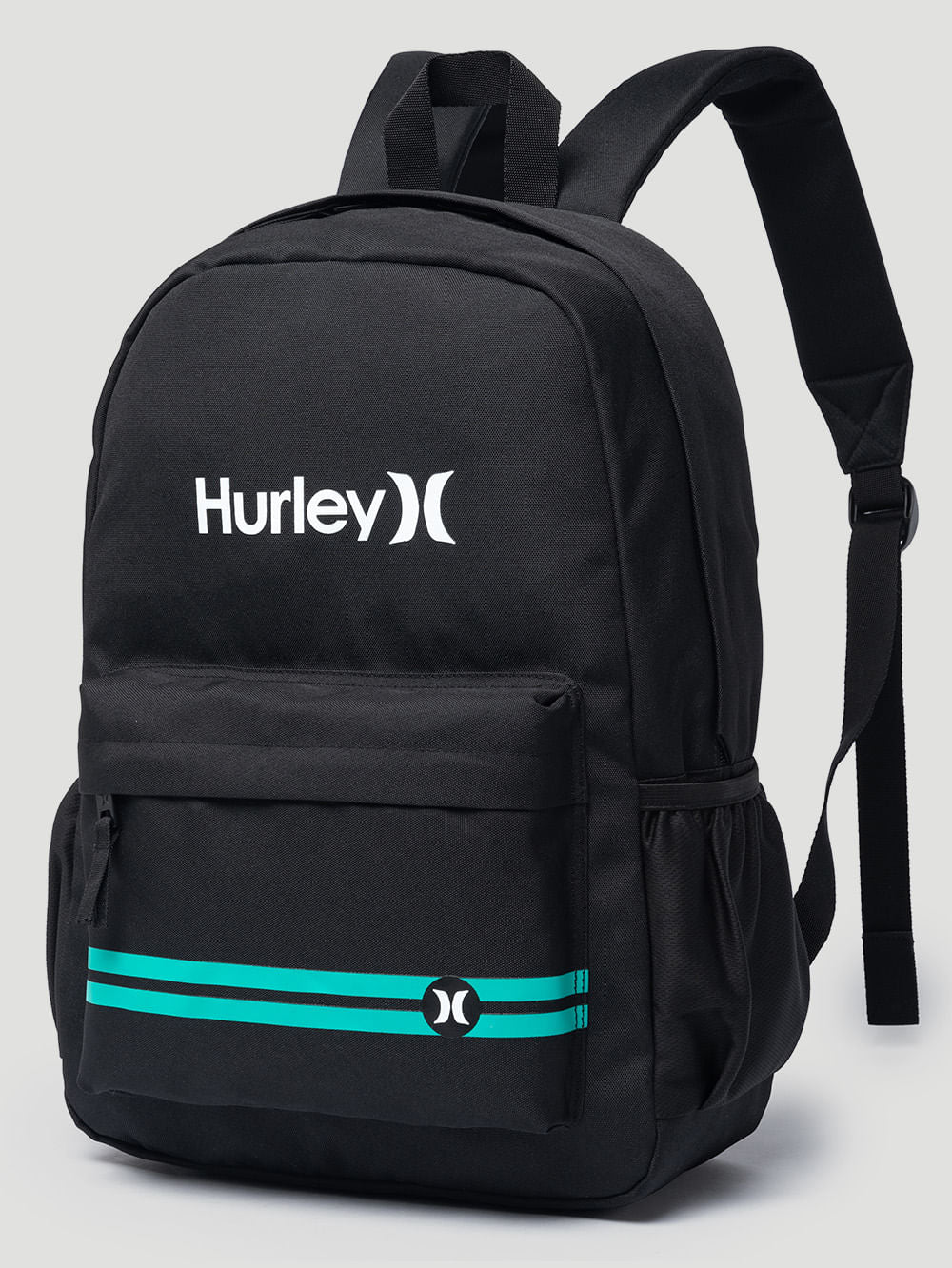 Mochila para notebook preta com o logotipo Hurley em branco, bolso frontal decorado com listras turquesa e alças ajustáveis acolchoadas para conforto.