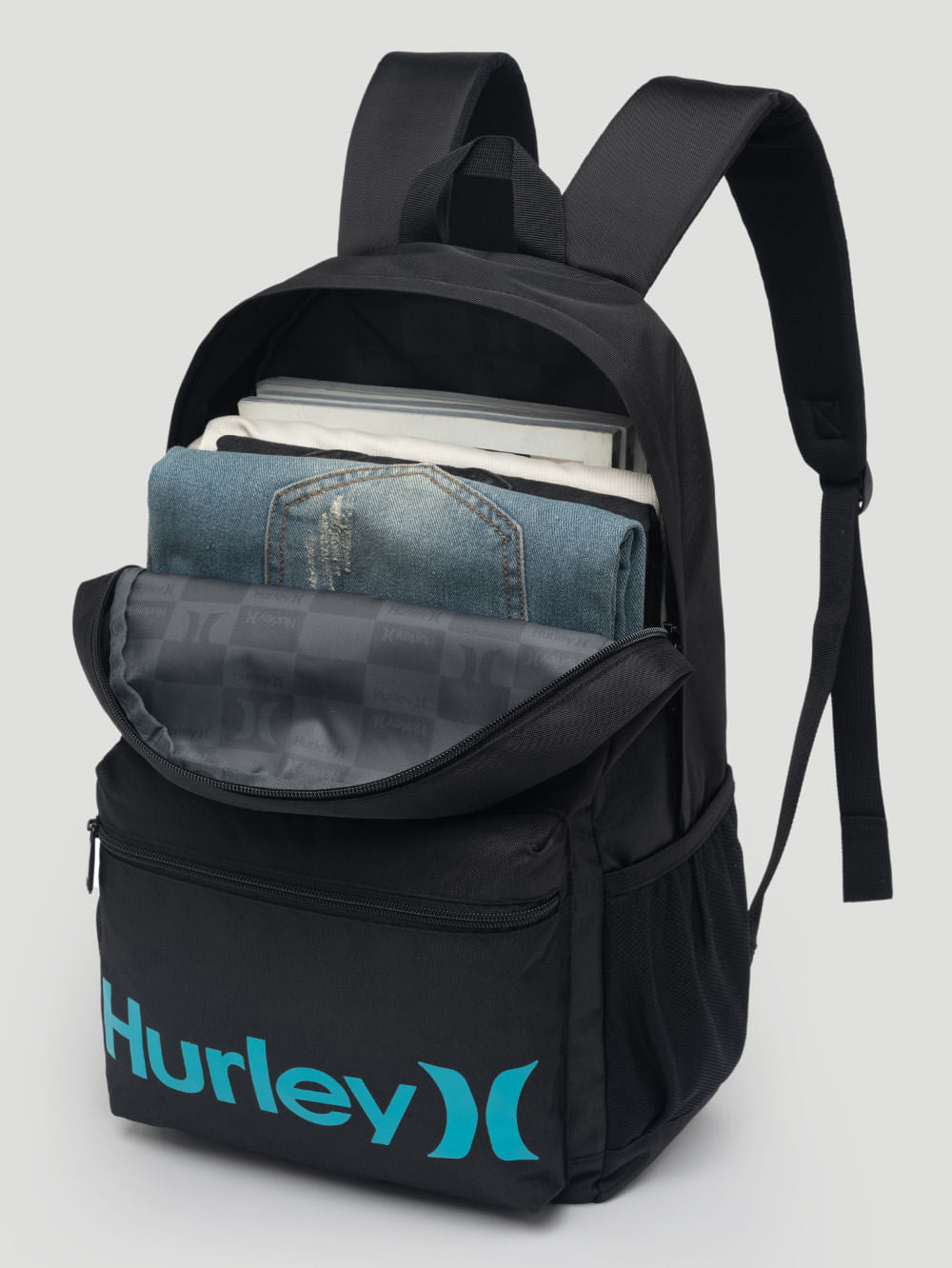 Mochila para notebook preta da Hurley com compartimento, bolso frontal com logotipo em azul, alças acolchoadas ajustáveis e espaço interno amplo para organização.